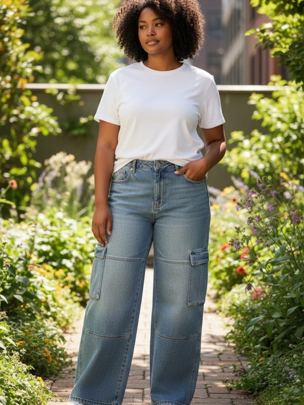 Light Blue Wide-Leg Cargo Denim Jeans